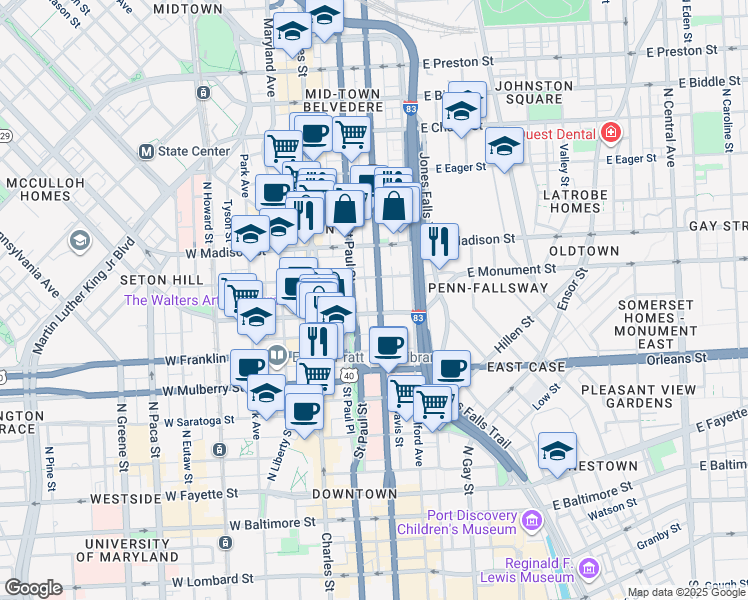 map of restaurants, bars, coffee shops, grocery stores, and more near 345 Saint Paul Place in Baltimore