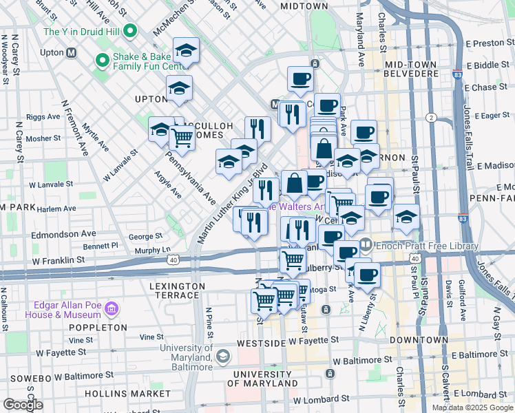 map of restaurants, bars, coffee shops, grocery stores, and more near 542 Saint Mary Street in Baltimore