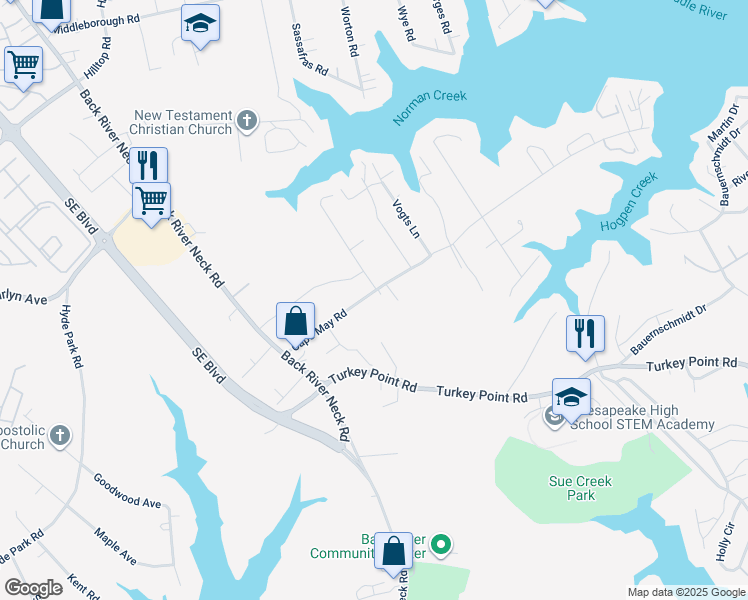 map of restaurants, bars, coffee shops, grocery stores, and more near 1635 Cape May Road in Essex