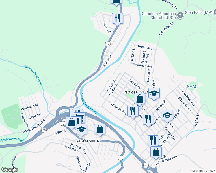 map of restaurants, bars, coffee shops, grocery stores, and more near 1221 North 25th Street in Clarksburg