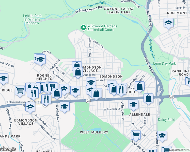 map of restaurants, bars, coffee shops, grocery stores, and more near 4015 Woodridge Road in Baltimore