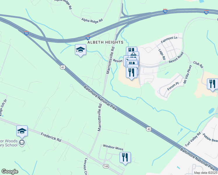 map of restaurants, bars, coffee shops, grocery stores, and more near 2785 Marriottsville Road in Marriottsville