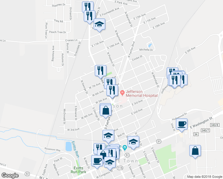 map of restaurants, bars, coffee shops, grocery stores, and more near 106 East 6th Avenue in Ranson
