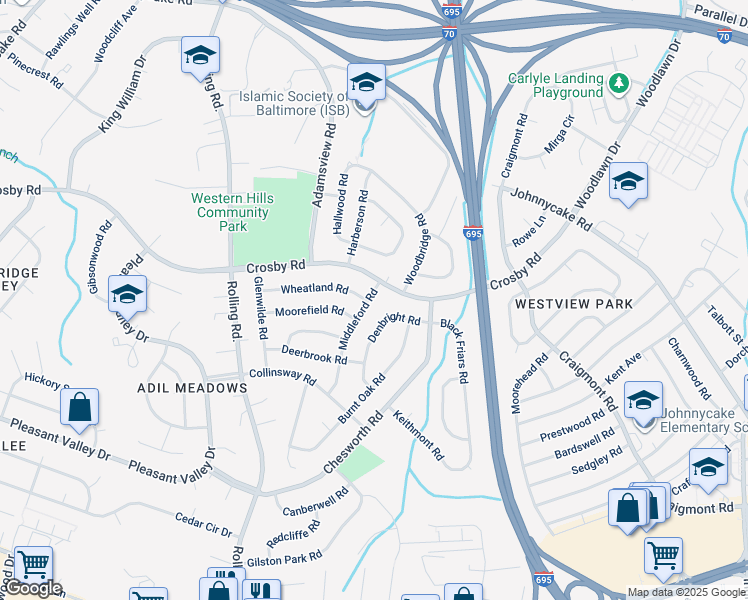 map of restaurants, bars, coffee shops, grocery stores, and more near 1335 Middleford Road in Catonsville