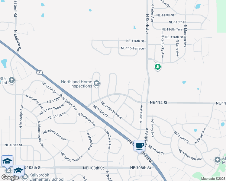 map of restaurants, bars, coffee shops, grocery stores, and more near 11205 North Wallace Avenue in Kansas City