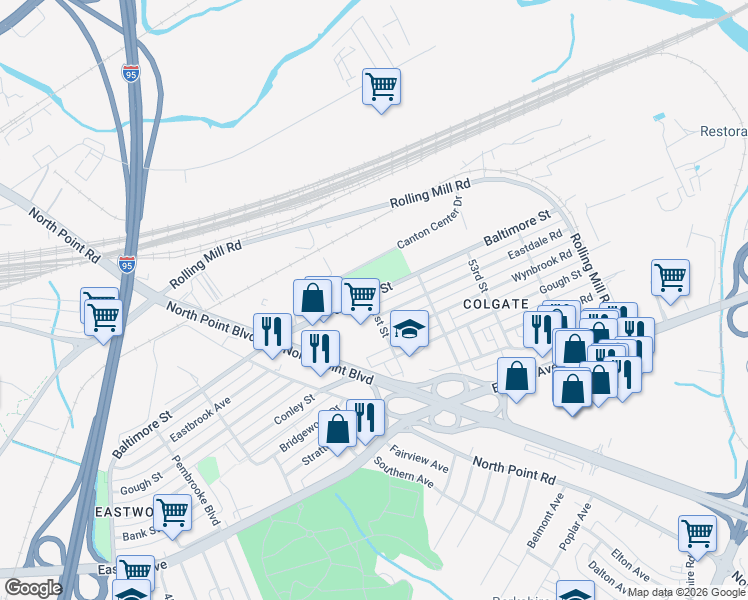 map of restaurants, bars, coffee shops, grocery stores, and more near 7701 Baltimore Street in Baltimore