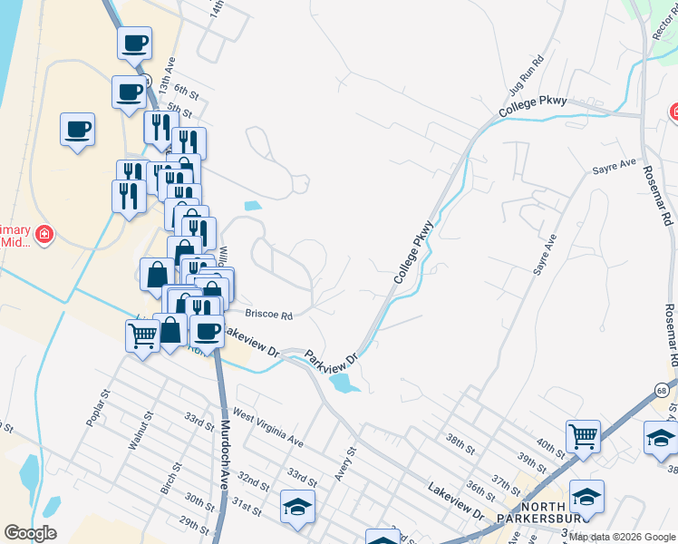 map of restaurants, bars, coffee shops, grocery stores, and more near 39 Campbell Drive in Parkersburg