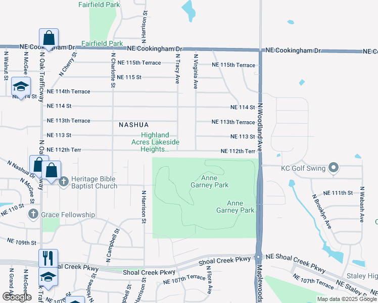 map of restaurants, bars, coffee shops, grocery stores, and more near 1215 Northeast 112th Terrace in Kansas City