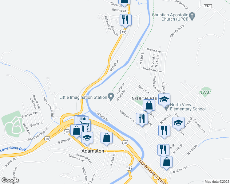 map of restaurants, bars, coffee shops, grocery stores, and more near 1221 North 25th Street in Clarksburg