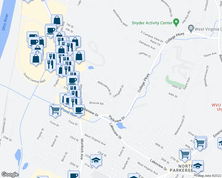 map of restaurants, bars, coffee shops, grocery stores, and more near 16 Willowbrook Drive in Parkersburg