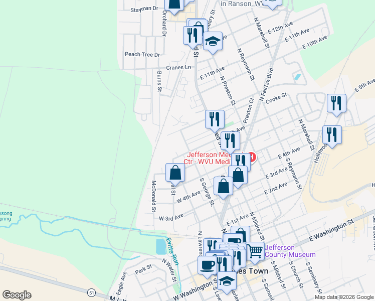 map of restaurants, bars, coffee shops, grocery stores, and more near 201 North George Street in Ranson
