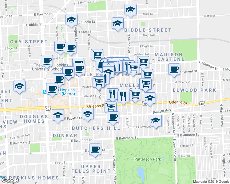 map of restaurants, bars, coffee shops, grocery stores, and more near 502 North Bradford Street in Baltimore