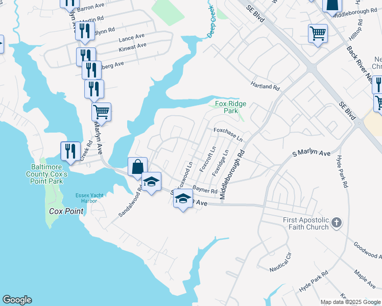 map of restaurants, bars, coffee shops, grocery stores, and more near 959 Kayden Lane in Essex