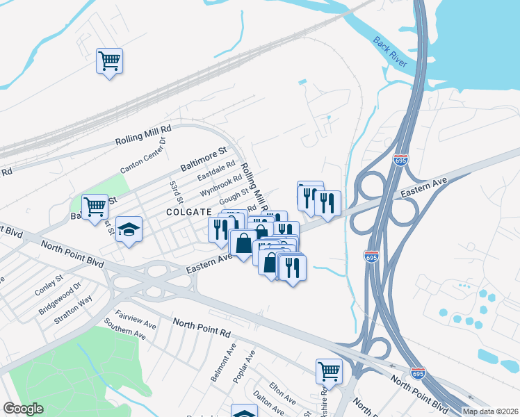 map of restaurants, bars, coffee shops, grocery stores, and more near 8053 Lansdale Road in Baltimore
