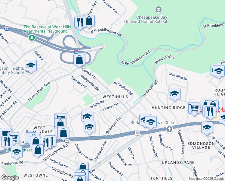 map of restaurants, bars, coffee shops, grocery stores, and more near 913 Cooks Lane in Baltimore