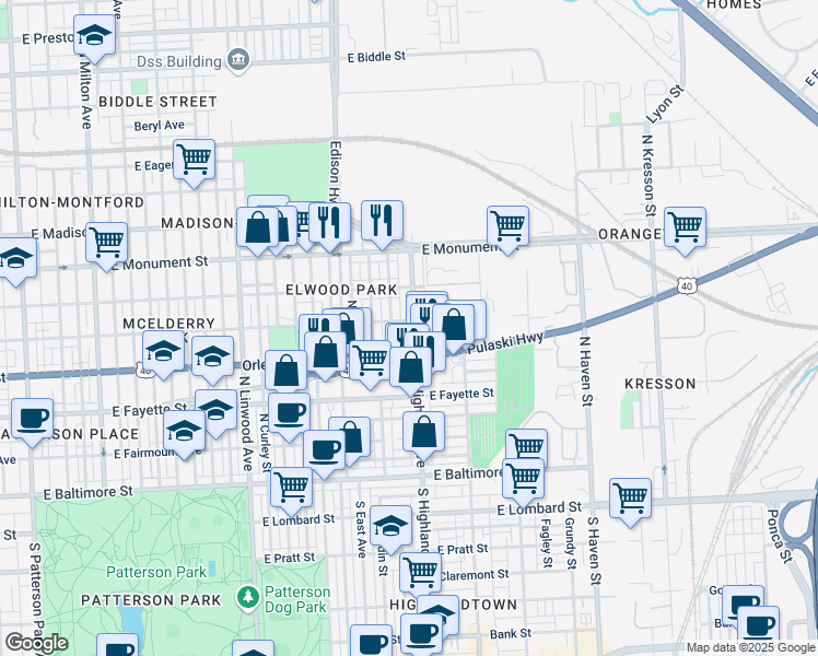 map of restaurants, bars, coffee shops, grocery stores, and more near 442 North Highland Avenue in Baltimore
