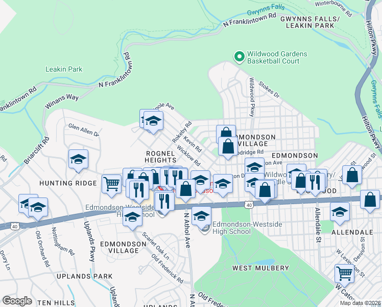map of restaurants, bars, coffee shops, grocery stores, and more near 919 Wicklow Road in Baltimore