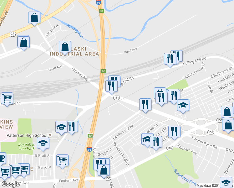 map of restaurants, bars, coffee shops, grocery stores, and more near 217 North Point Boulevard in Baltimore