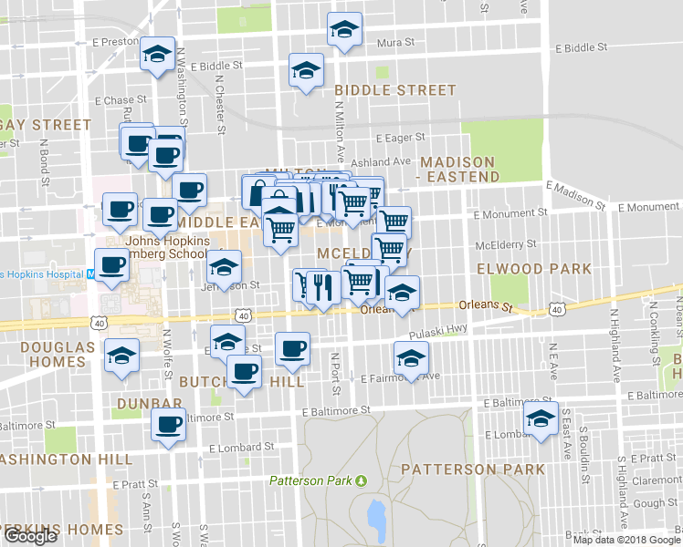 map of restaurants, bars, coffee shops, grocery stores, and more near 508 North Milton Avenue in Baltimore