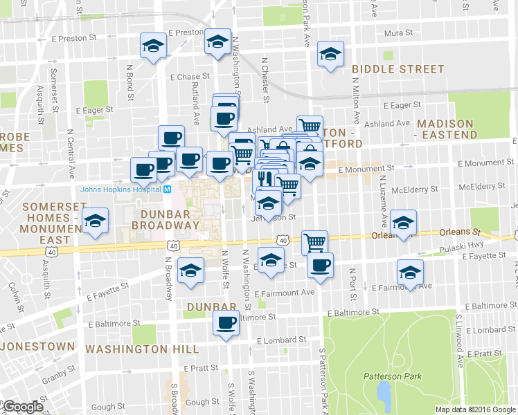map of restaurants, bars, coffee shops, grocery stores, and more near 525 N Castle St in Baltimore