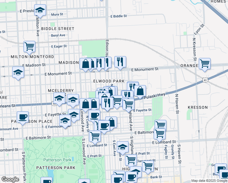 map of restaurants, bars, coffee shops, grocery stores, and more near 439 North East Avenue in Baltimore