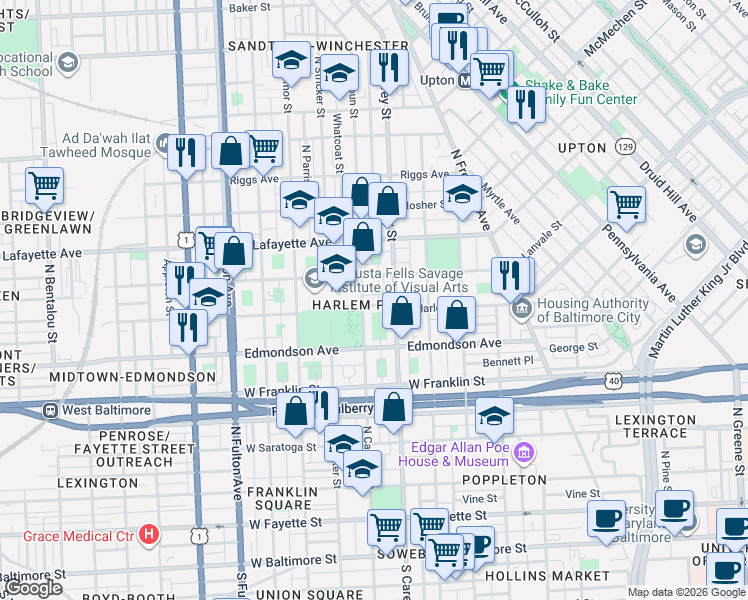 map of restaurants, bars, coffee shops, grocery stores, and more near 1312 Harlem Avenue in Baltimore