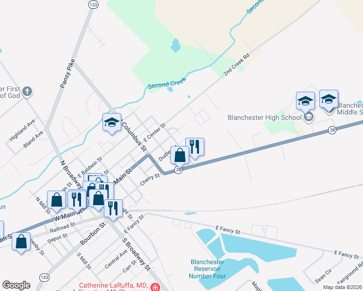 map of restaurants, bars, coffee shops, grocery stores, and more near 704 Dudley Street in Blanchester