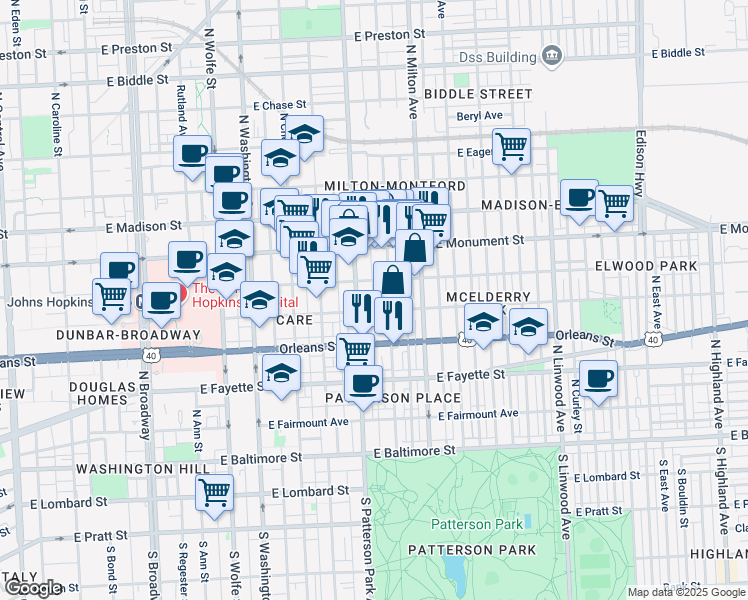 map of restaurants, bars, coffee shops, grocery stores, and more near 503 North Bradford Street in Baltimore