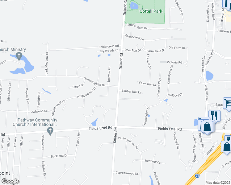 map of restaurants, bars, coffee shops, grocery stores, and more near 9743 Snider Road in Mason