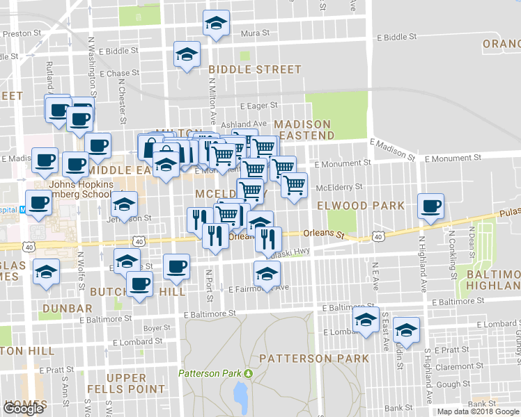 map of restaurants, bars, coffee shops, grocery stores, and more near 502 North Lakewood Avenue in Baltimore