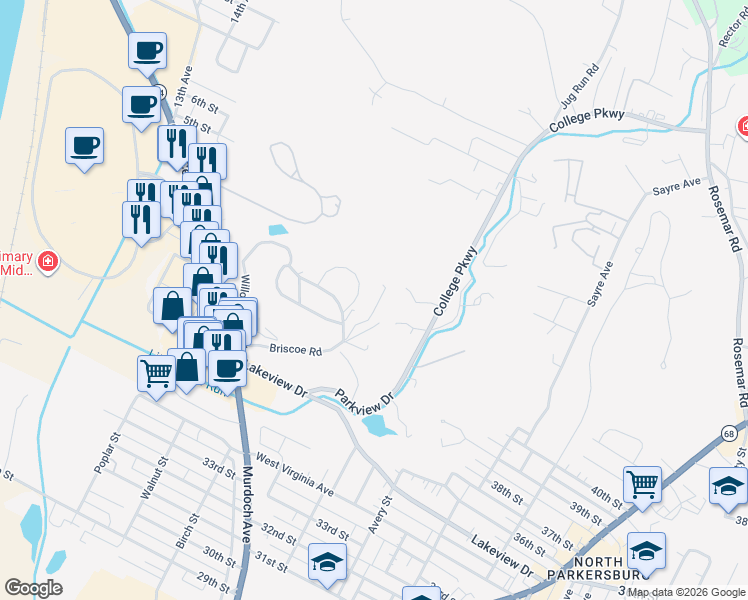 map of restaurants, bars, coffee shops, grocery stores, and more near 39 Campbell Drive in Parkersburg