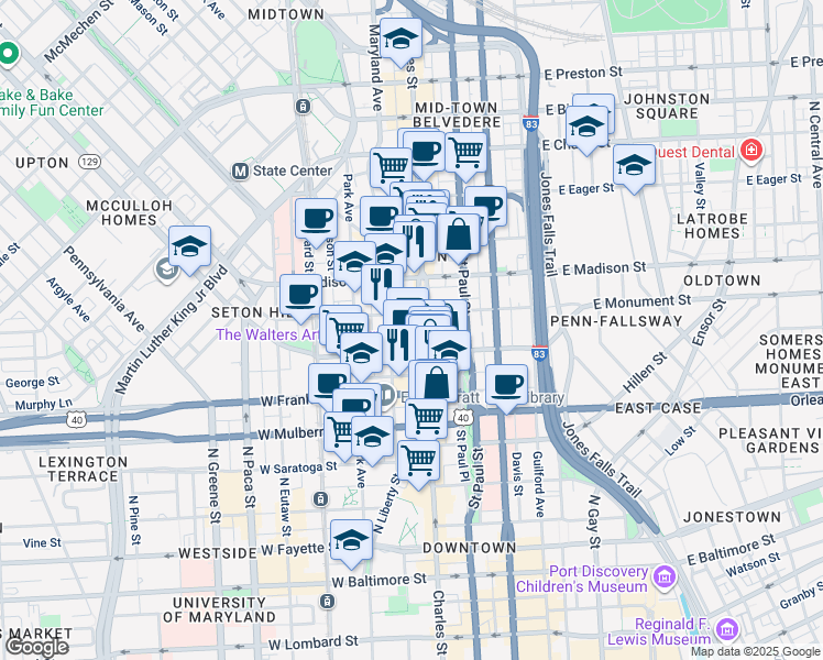 map of restaurants, bars, coffee shops, grocery stores, and more near 3 West Mount Vernon Place in Baltimore
