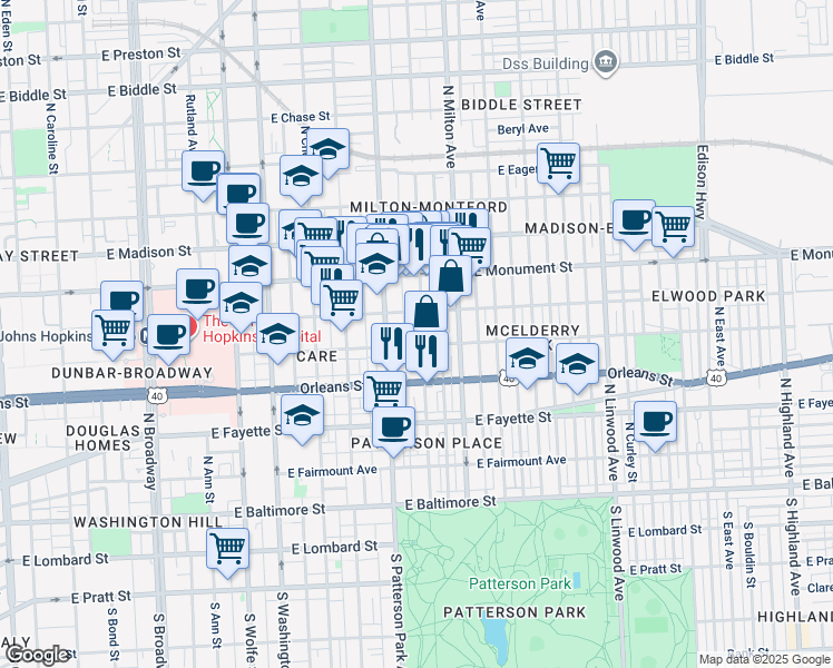 map of restaurants, bars, coffee shops, grocery stores, and more near 502 North Montford Avenue in Baltimore