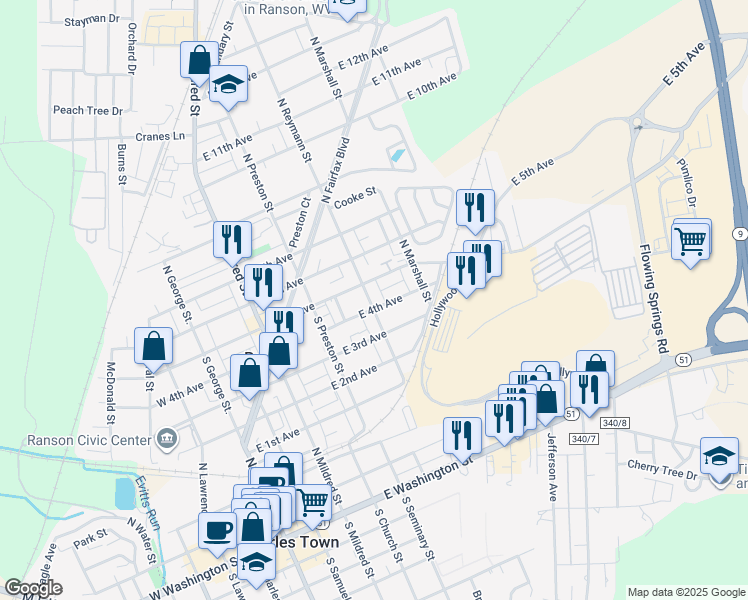 map of restaurants, bars, coffee shops, grocery stores, and more near 207 South Reymann Street in Ranson
