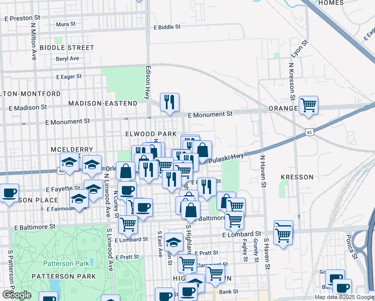 map of restaurants, bars, coffee shops, grocery stores, and more near 425 North Highland Avenue in Baltimore