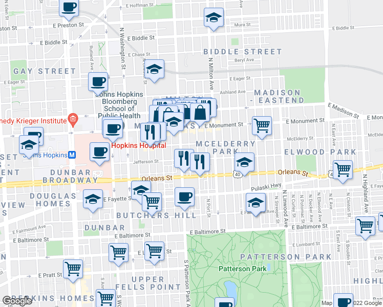 map of restaurants, bars, coffee shops, grocery stores, and more near 505 North Bradford Street in Baltimore