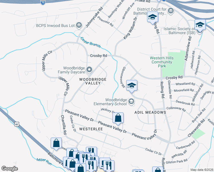 map of restaurants, bars, coffee shops, grocery stores, and more near 6 Edge Springs Court in Catonsville