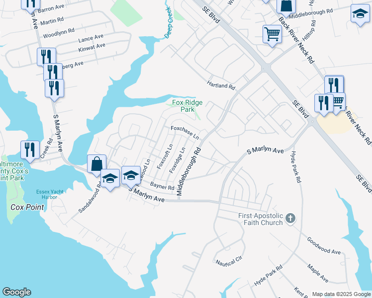 map of restaurants, bars, coffee shops, grocery stores, and more near 1027 Foxridge Lane in Essex