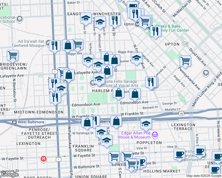 map of restaurants, bars, coffee shops, grocery stores, and more near 1310 Harlem Avenue in Baltimore