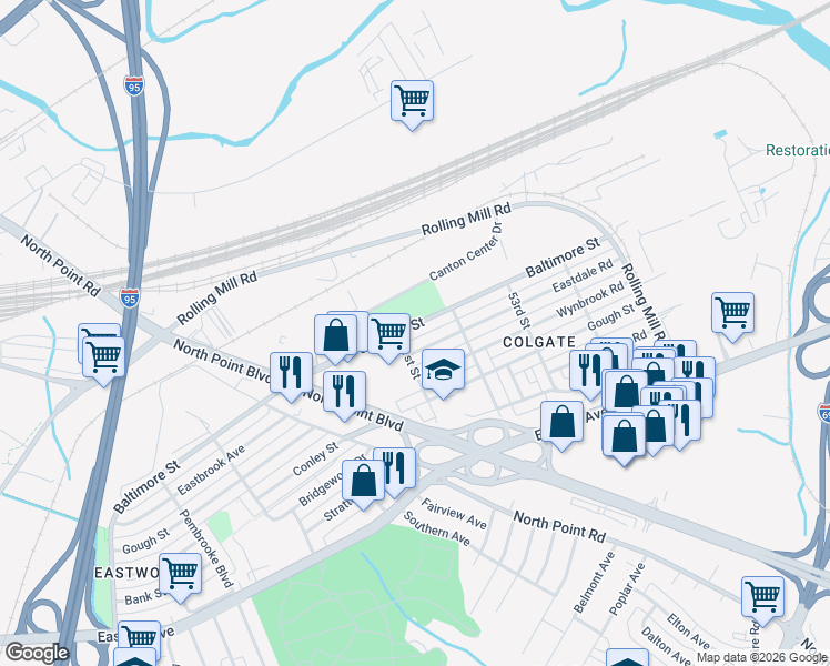 map of restaurants, bars, coffee shops, grocery stores, and more near 7713 East Baltimore Street in Baltimore