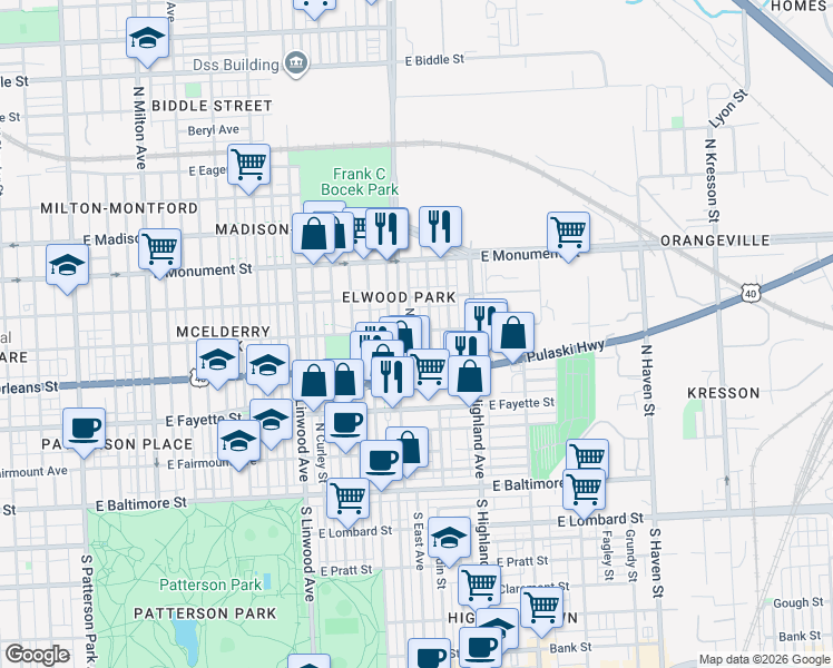 map of restaurants, bars, coffee shops, grocery stores, and more near 441 North East Avenue in Baltimore