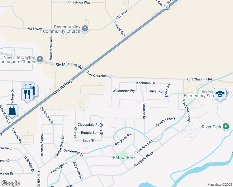 map of restaurants, bars, coffee shops, grocery stores, and more near 97 Williamette Way in Dayton