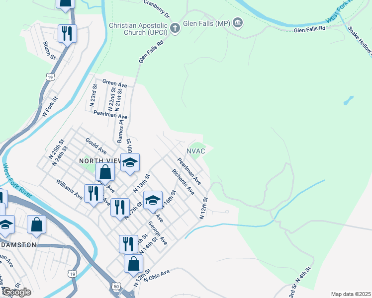 map of restaurants, bars, coffee shops, grocery stores, and more near 1836 North 16th Street in Clarksburg
