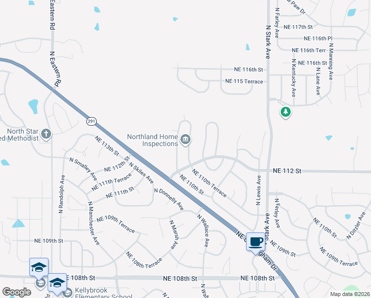 map of restaurants, bars, coffee shops, grocery stores, and more near 11214 North Donnelly Avenue in Kansas City