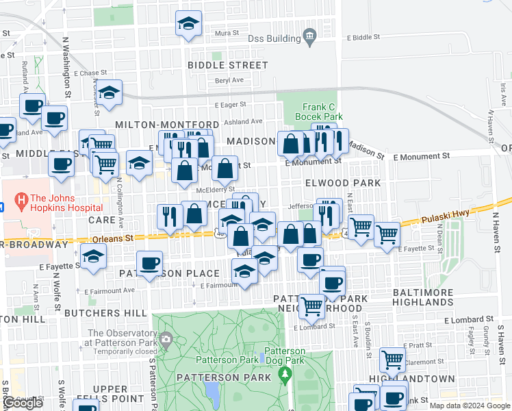 map of restaurants, bars, coffee shops, grocery stores, and more near 2728 Jefferson Street in Baltimore