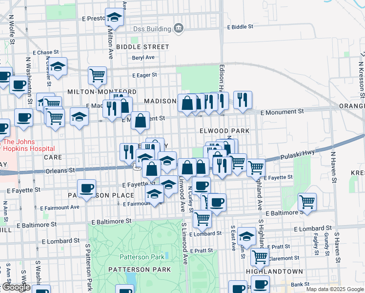 map of restaurants, bars, coffee shops, grocery stores, and more near 501 North Linwood Avenue in Baltimore