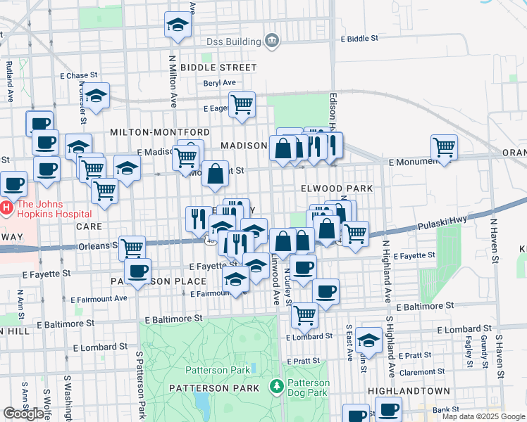 map of restaurants, bars, coffee shops, grocery stores, and more near 2812 Jefferson Street in Baltimore