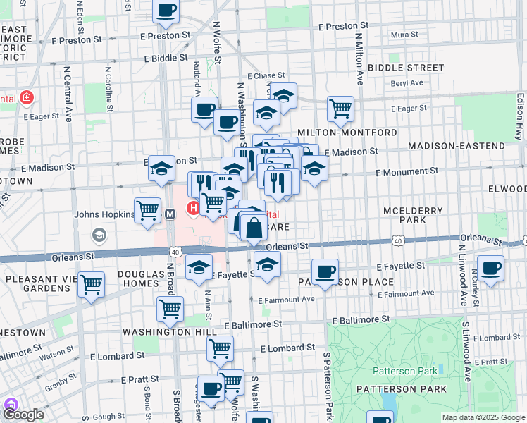 map of restaurants, bars, coffee shops, grocery stores, and more near 523 North Castle Street in Baltimore