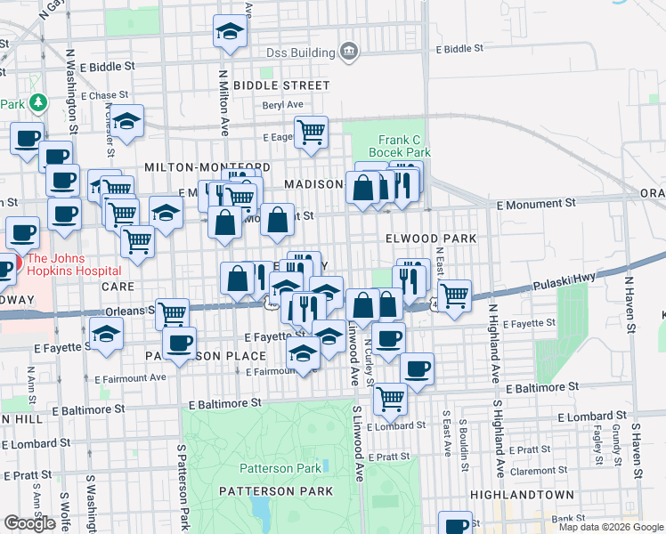 map of restaurants, bars, coffee shops, grocery stores, and more near 2808 Jefferson Street in Baltimore