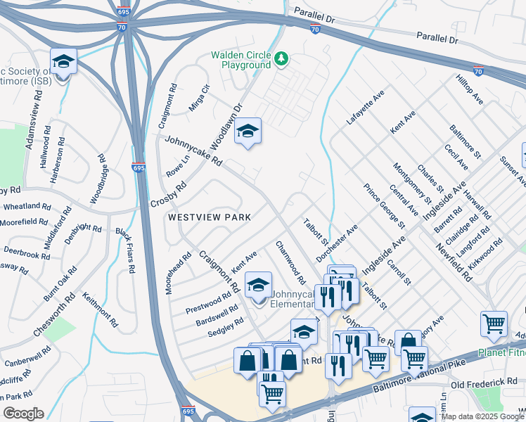 map of restaurants, bars, coffee shops, grocery stores, and more near 1037 Collwood Road in Catonsville